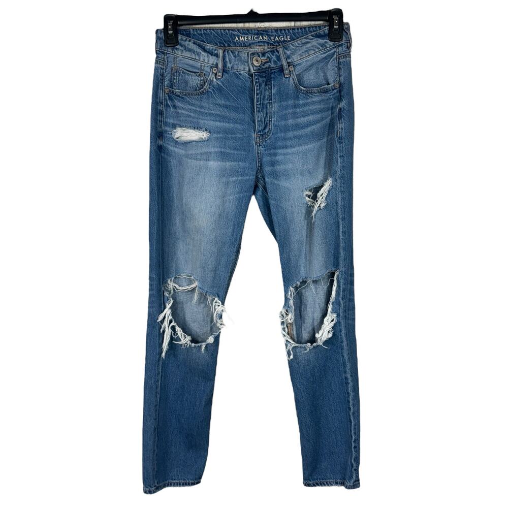 American Eagle SZ 4 Tomgirl Jeans Button-Fly Distressed Rips Whiskered Mid-Rise